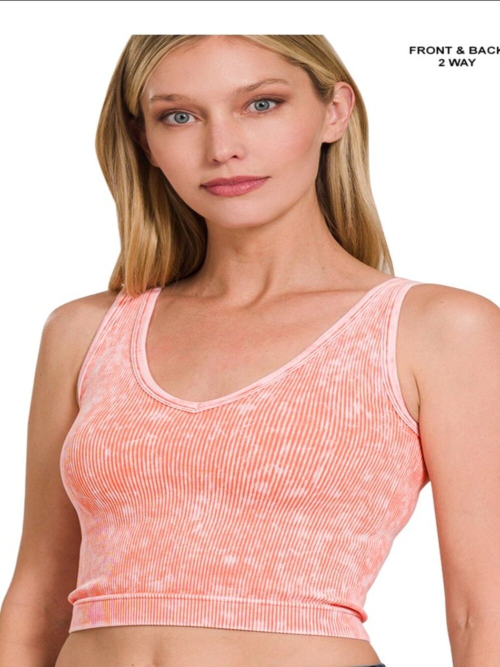 Womens 2-way neckline washed ribbed seamless tank sports bra coral S/M & L/XL